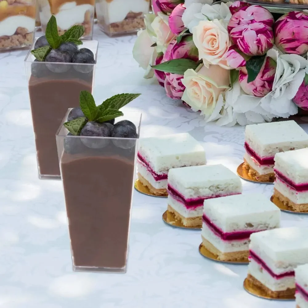 Oasis Creations 50 PC Clear Tall Square Mini Dessert Appetizer 3 Oz Cup W/Spoons